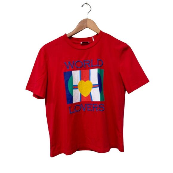 Sandro Crew Neck Short Sleeve Embroidery World Lovers Graphic T-Shirt Red Small - Picture 1 of 10